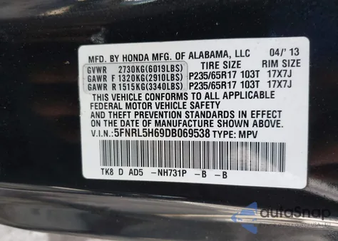 2013 Honda Odyssey Ex-L from USA, damaged, VIN 5FNRL5H69DB069538